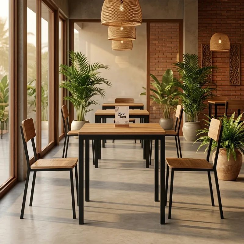 Meja Cafe Besi & Kayu Industrial